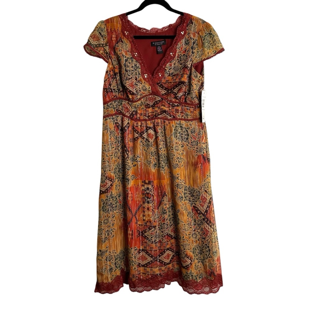 Robbie Bee 100% Silk Boho Midi Dress Lace Trim Festival Cottagecore Size 14‎ NWT